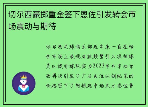 切尔西豪掷重金签下恩佐引发转会市场震动与期待 切尔西豪掷重金签下恩佐引发转会市场震动与期待