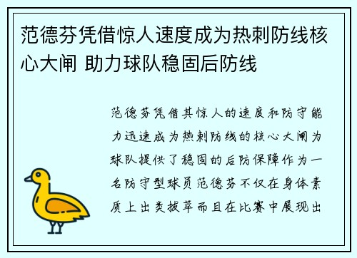范德芬凭借惊人速度成为热刺防线核心大闸 助力球队稳固后防线 范德芬凭借惊人速度成为热刺防线核心大闸 助力球队稳固后防线